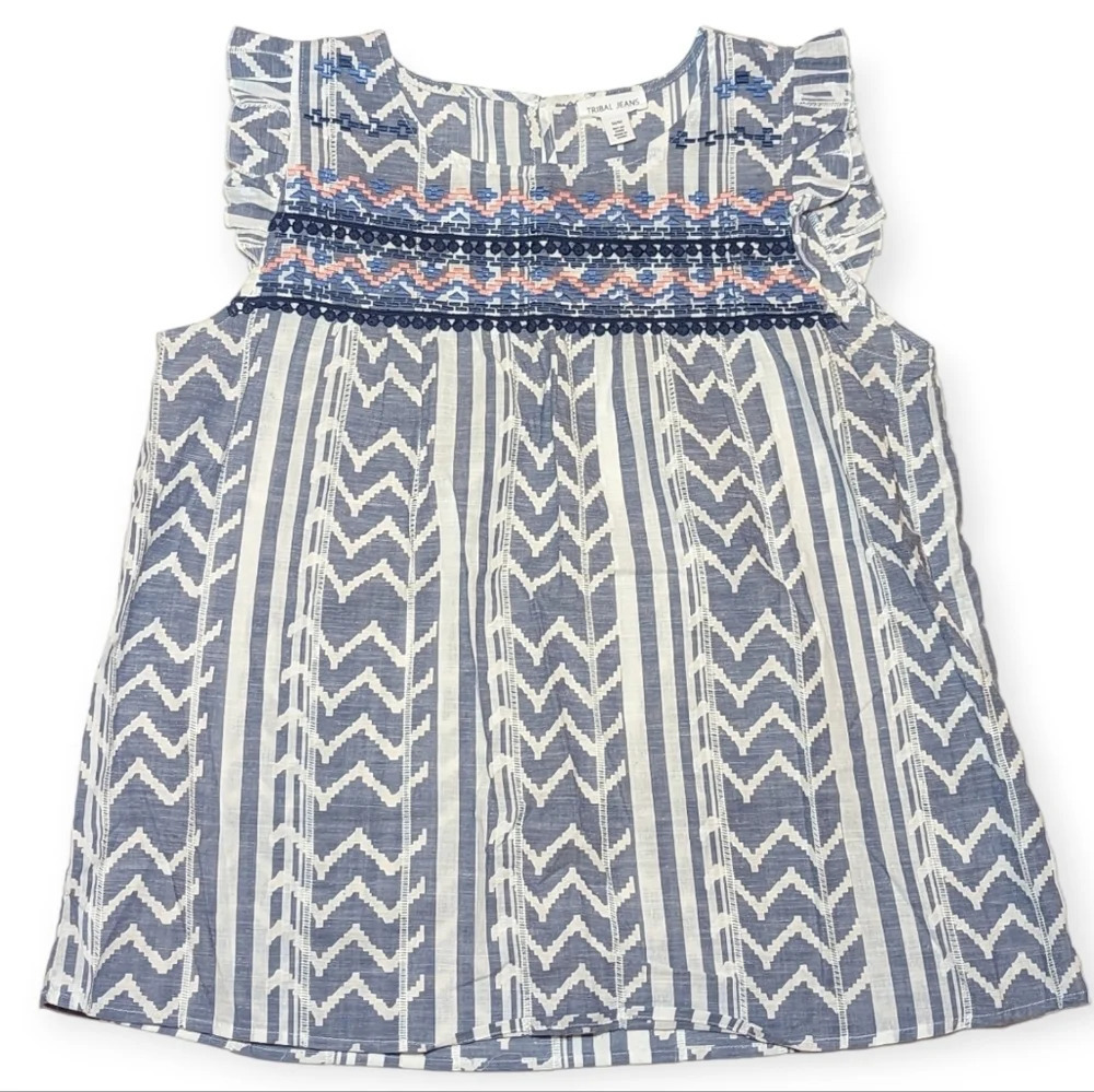 Tribal Jeans Boho 100%Cotton Embroidered Aztec Sleeveless White Navy Shirt Top M